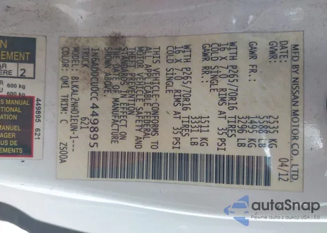 2012 Nissan Frontier Sv from USA, damaged, VIN 1N6AD0CU0CC449895